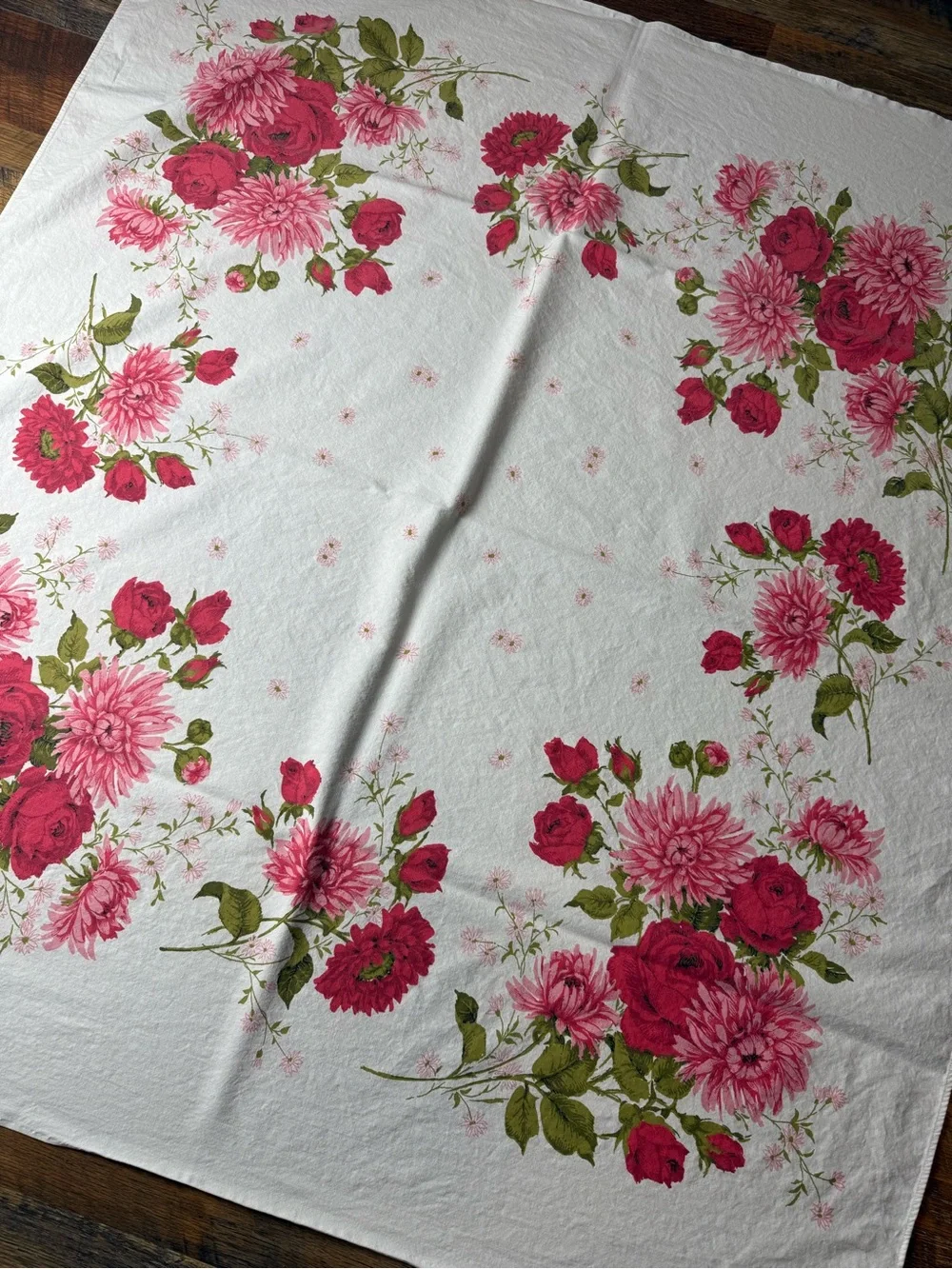 Vintage Floral Tablecloth Pink Roses Chrysanthemums